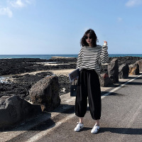 秋季新款韩版女装条纹长袖T恤女上衣学生薄款宽松圆领卫衣女