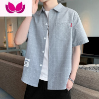 七斓短袖衬衫男士夏季韩版潮牌格子衬衣薄款宽松上衣服ins百搭男外套