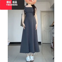 YIBUSHENG2024新款法式修身方领灰色连衣裙子季女显瘦包臀高个子针织长裙
