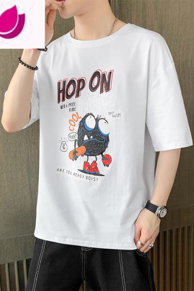 七斓2022夏季新款短袖t恤男港风潮流宽松体恤衫男生半袖圆领卡通夏装