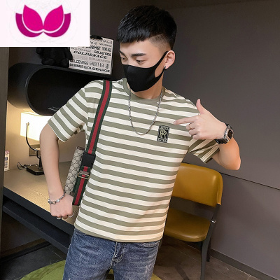 七斓t恤男潮牌条纹短袖印花夏季痞帅半袖2022新款精小伙半截袖体恤