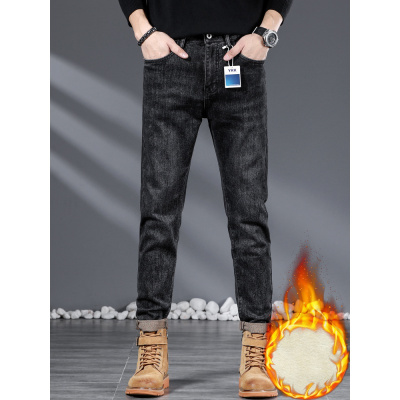青年百搭牛仔裤加绒冬季舒适品质长裤弹力修身直筒休闲裤男士