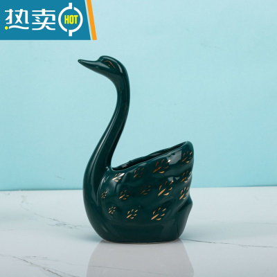 敬平水果叉子家用高端甜品叉收纳罐套装儿童安全小叉子轻奢水果签果插 祖母绿天鹅收纳罐