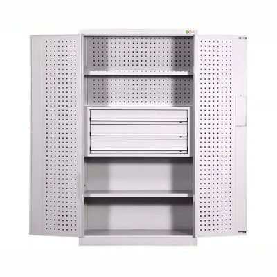 迅迈 带挂板内三抽灰白色加厚版 重型多功能工具柜车间双开门钢制柜工具五金收纳整理储物柜