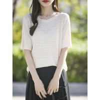 冰麻针织镂空水波纹短袖夏季新款圆领五分袖百搭显瘦上衣打底衫