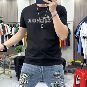夏季新款时尚短袖T恤男士上衣圆领潮流印花丝光棉半袖衫上衣潮ins
