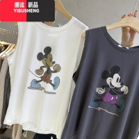 YIBUSHENG美式复古圆领卡通图案无袖背心T恤女百搭上日系减龄宽松打底上衣