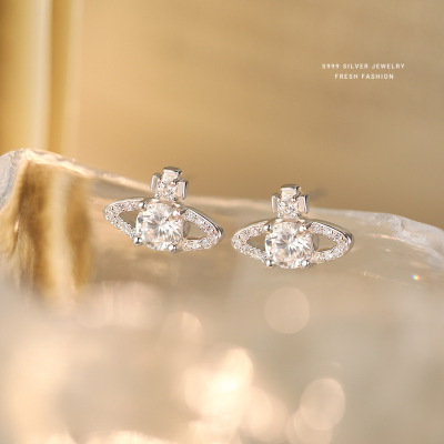 韩式轻奢超闪锆石星球耳钉女s999纯银气质时尚百搭高级感足银耳钉送女朋友老婆情人节七夕生日礼物