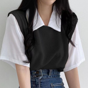 polo翻领假两件学院风撞色短袖T恤女夏季假两件宽松休闲上衣女装