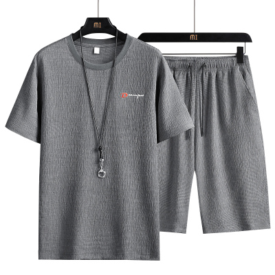 吉普战车2021年夏季新款男士运动套装男圆领套头弹力冰丝短袖T恤男士中青年男装时尚绣花休闲两件装衣服体恤+裤子男潮款