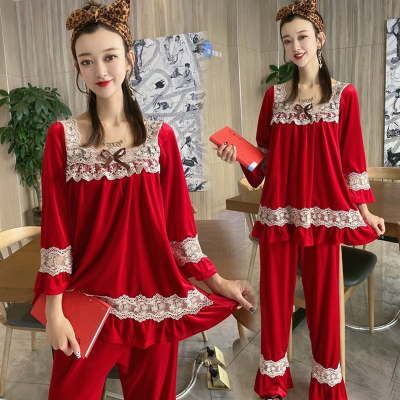 HLCOMAN方领金丝绒睡衣女秋冬季韩版拼蕾丝七分袖上衣阔腿裤家居服两件套