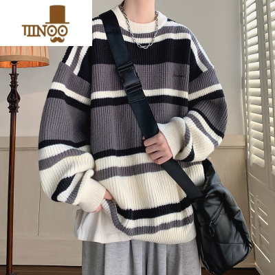 YANXU毛衣男士日系复古条纹撞色打底衫线衣加厚潮牌宽松针织衫外套