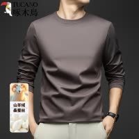 啄木鸟含桑蚕丝山羊绒磨毛无痕圆领长袖T恤男士纯色打底衫体恤男