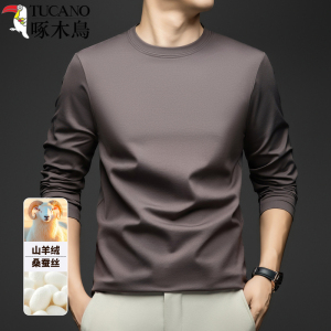 啄木鸟含桑蚕丝山羊绒磨毛无痕圆领长袖T恤男士纯色打底衫体恤男