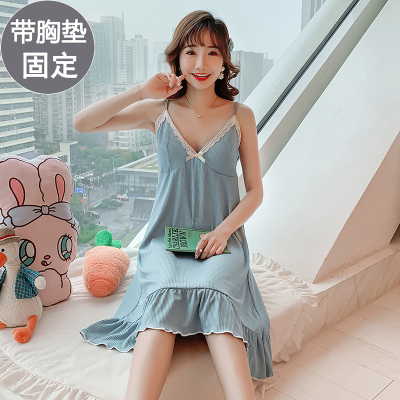 SUNTEK带胸垫睡裙女士夏季棉吊带bra一体式聚拢睡衣性感莫代尔家居服