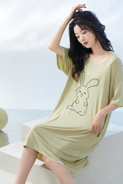 莫代尔女睡裙新款中长款短袖睡衣夏季圆领蝴蝶结简约家居服可外穿