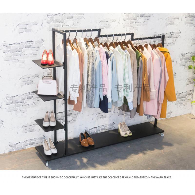 三维工匠服装店衣架展示架鞋包挂衣服架子移动落地男女装店货架侧挂服装架晾晒架 黑色长140*宽36*高150送轮子+扳手