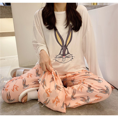 HLCOMAN冬季薄款长袖棉睡衣女春秋季可爱卡通两件套宽松甜美棉家居服
