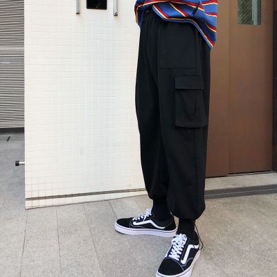 珂卡慕(KEKAMU)直筒运动裤男韩版潮流工装裤男潮宽松直筒卫裤百搭时尚休闲抽绳束脚裤黑色S