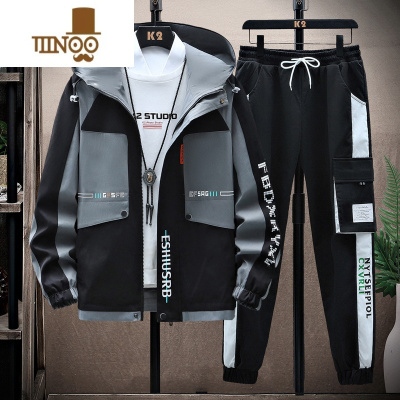 YANXU新款工装连帽夹克套装男学生潮流宽松休闲外套韩版帅气上衣