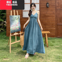 YIBUSHENG大码吊带连衣裙女季国风新中式收腰气质A字长裙胖MM抹胸V领裙子