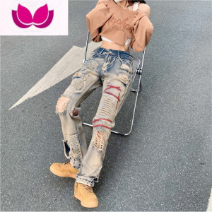 七斓欧美vibe裤子高街ins潮牌水洗做旧牛仔裤男设计感小众刺绣破洞裤