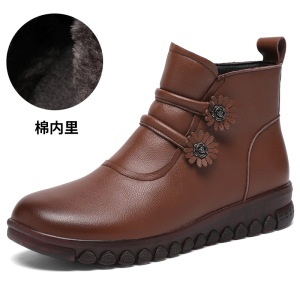 秋冬妈妈棉鞋真皮加绒保暖中老年女短靴平底民族风老人奶奶鞋