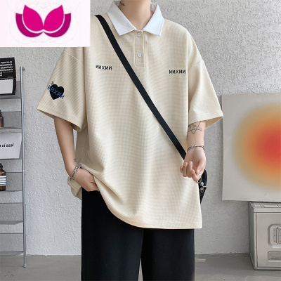 七斓美式华夫格衫男短袖潮牌oversize夏季翻领T恤宽松大码5分半袖