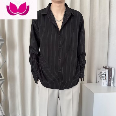 七斓黑色条纹衬衫男长袖宽松新款垂感免烫痞帅潮牌休闲寸衬衣外套