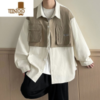 YANXU日系复古假拼接长袖衬衫男秋季ins潮牌帅气宽松休闲工装衬衣