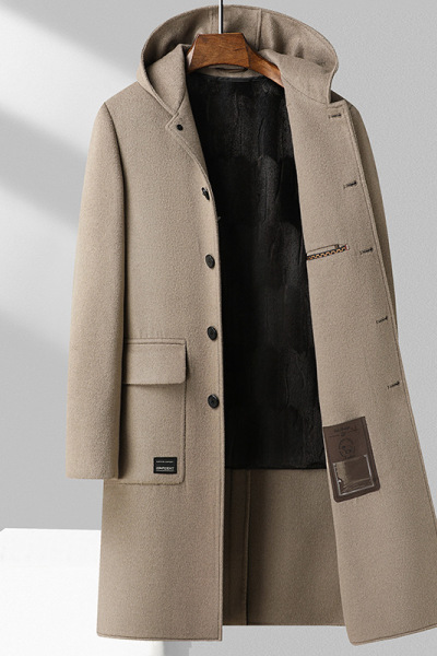 100%羊毛秋冬连帽双面呢长款大衣金丝绒内胆尼大衣风衣男妮子大衣