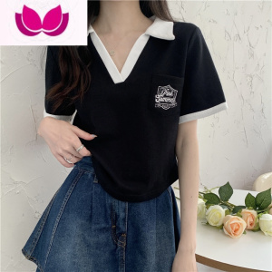 七斓大码胖MM短袖t恤女2023年新款春季学院风辣妹正肩显瘦polo领上衣