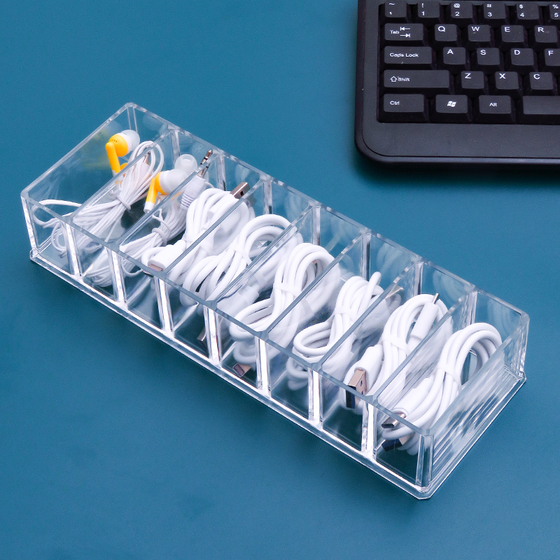 线分格耳机线绕线器 学生宿舍便携透明办公室桌面杂物盒理线盒大号