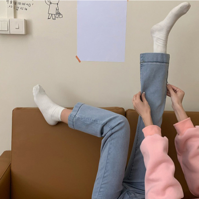 广赫春季韩版高腰牛仔裤女大码胖mm宽松百搭显瘦学生直筒九分阔腿裤子牛仔裤