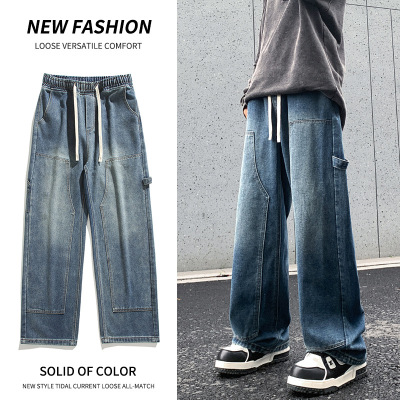 高街vibe抽绳工装裤男款做旧渐变宽松阔腿大口袋牛仔长裤潮男