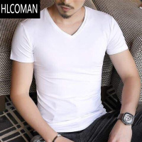 HLCOMAN夏季男士莫代尔冰丝纯色短袖t恤v领修身纯白色半袖体恤衫打底上衣