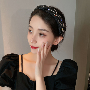 夏季新款编织闪钻欧根纱宽边发箍麻花高颅顶头箍2023蕾丝头饰女款送女朋友老婆情人节七夕生日礼物 黑色闪钻麻花辫发箍