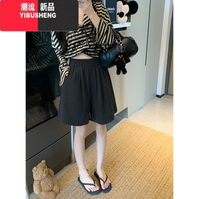 YIBUSHENG宽松设计感松紧腰阔腿短裤女季2024新款简约口袋韩版纯色休闲裤