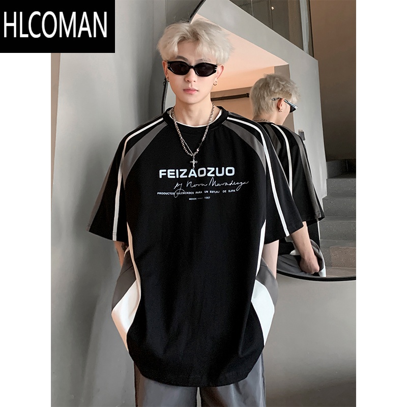 HLCOMAN短袖t恤男2025夏季美式高街潮牌痞帅机车风条纹拼接宽松半袖衣服