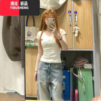 YIBUSHENG设计感小众正肩V领短袖T恤女美式辣妹短款修身显瘦体恤上衣