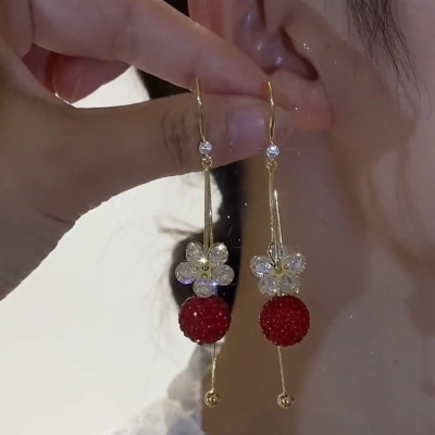 设计感时尚锆石花朵长款流苏耳环女小众红色球球显白气质百搭耳饰送女朋友老婆情人节七夕生日礼物