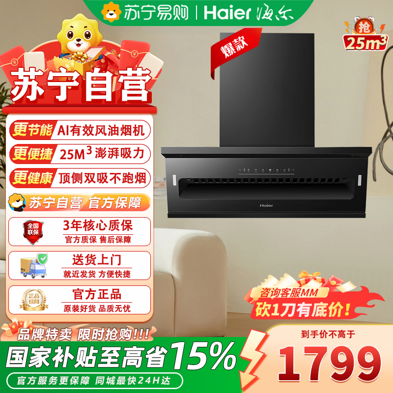 海尔(Haier)抽油烟机一级能效顶侧双吸CXW-358-E900C61家用排烟机25立方大吸力排吸烟机