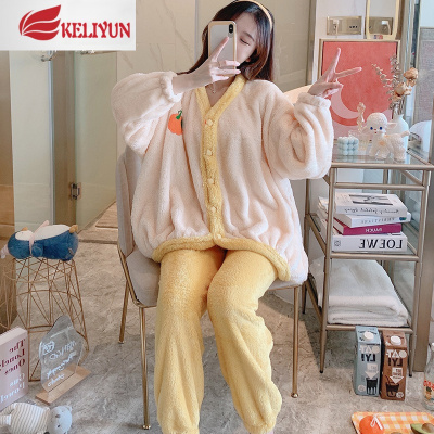 可莉允珊瑚绒睡衣女秋冬季加厚法兰绒甜美家居服套装加肥大码胖MM200斤睡衣