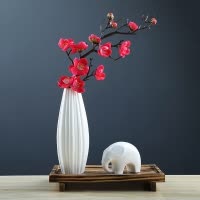 北欧风陶瓷仿真插花瓶家用客厅装饰白鹿电视柜摆件花瓶花套装桌面 三维工匠 折纸直筒+白象+梅花一支+木板 中等
