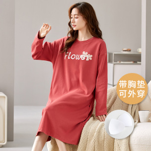 睡裙女秋冬季带胸垫长袖睡衣棉质中长款可爱卡通宽松家居服可外穿