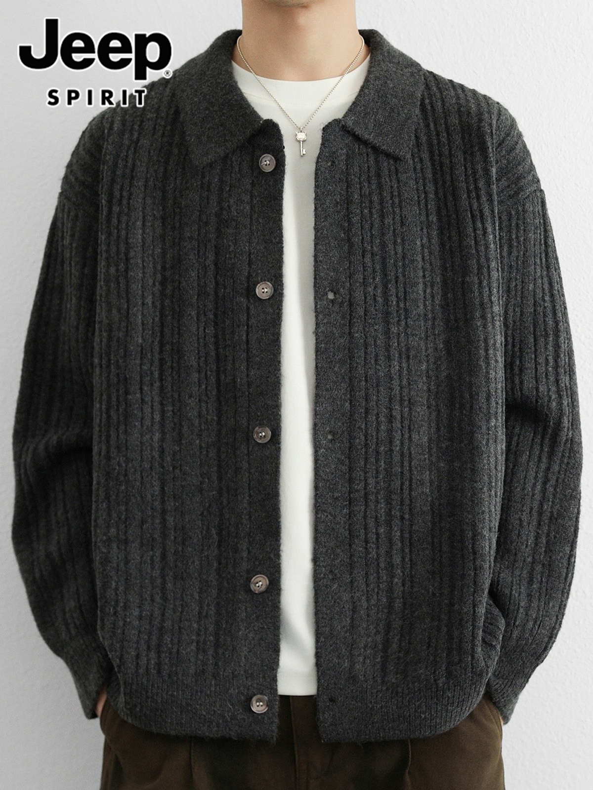 JEEP SPIRIT翻领开衫毛衣男士2025年秋季新款休闲针织衫外套男潮