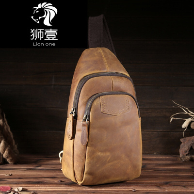 狮壹（Lionone）男士真皮斜挎包胸包疯马牛皮机车休闲背包头层牛皮单肩户外潮流包男包