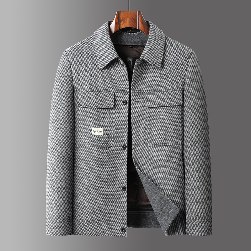 脱卸羽绒内胆翻领双面呢羊毛茄克青年男士秋冬款双面呢羊毛厚外套