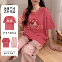 夏季新款带胸垫女士睡衣短袖七分裤套装卡通休闲简约家居服可外穿_1