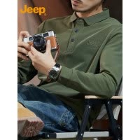 Jeep吉普翻领polo衫男士秋季休闲打底衫新款军绿长袖t恤男上衣服